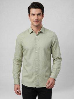 R&B - Green Solid/Plain Casual Cotton Linen Shirt