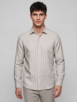 R&B - Beige Stripes Casual Cotton Linen Shirt