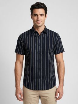 R&B - Navy Blue Stripes Casual Pure Cotton Shirt