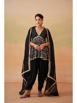 Deepika Chadha - Black Embroidery Fabric Peplum Top with Dhoti and Dupatta (Set of 3)