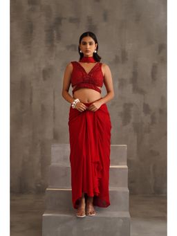 Deepika Chadha - Red Embroidered Blouse with Skirt and Choker Dupatta (Set of 3)