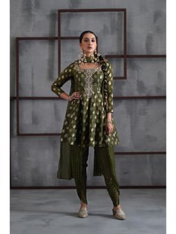 Deepika Chadha - Olive Green Peplum Top with Dhoti and Choker Dupatta (Set of 3)