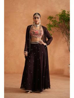 Deepika Chadha - Brown Printed Blouse with Palazzo and Long Jacket (Set of 3)