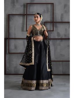 Deepika Chadha - Black Brocade Blouse with Lehenga and Dupatta (Set of 3)