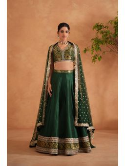 Deepika Chadha - Bottle Green Brocade Blouse with Lehenga and Dupatta (Set of 3)