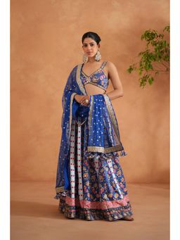 Deepika Chadha - Blue Printed Blouse with Lehenga and Dupatta (Set of 3)