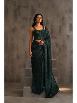 Deepika Chadha - Bottle Green Embroidered Pre-Drape Saree with Stitched Blouse