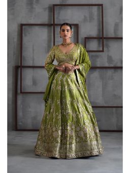 Deepika Chadha - Green Embroidered Blouse with Lehenga and Dupatta (Set of 3)