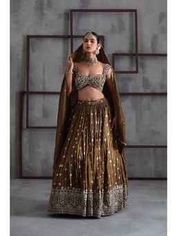 Deepika Chadha - Brown Embroidered Blouse with Lehenga and Dupatta (Set of 3)