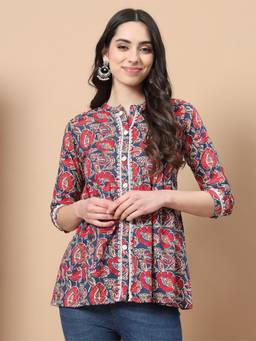 Yufta - Red Cotton Floral Print Peplum Top with Lace Detailing