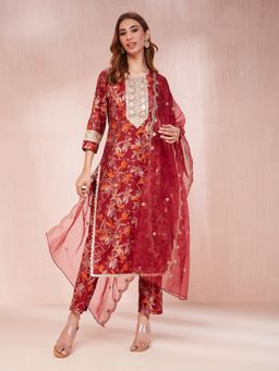 Yufta - Red Floral Print Sequins Work Straight Kurta with Pant & Dupatta (Set of 3)
