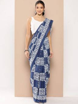 Yufta - Women Blue Ethnic Motifs Mulmul Cotton Saree with Unstitched Blouse