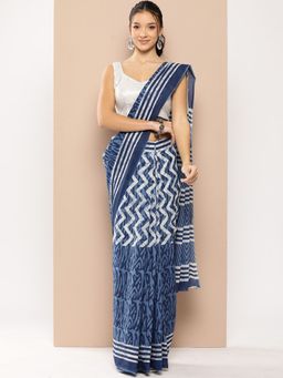 Yufta - Women Blue Chevron Mulmul Cotton Saree with Unstitched Blouse