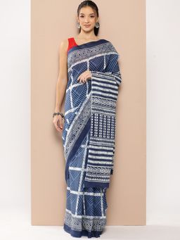 Yufta - Women Blue Striped Mulmul Cotton Saree with Unstitched Blouse