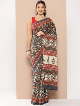 Yufta - Women Grey Floral Print Mulmul Cotton Saree with Unstitched Blouse