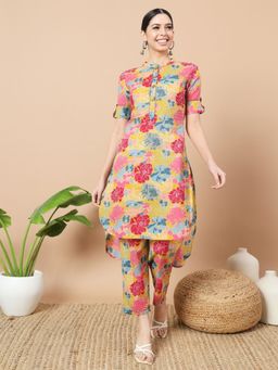 Yufta - Mustard Floral Print Cotton Co-Ord (Set of 2)