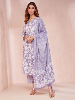Yufta - Purple Floral Print Sleeves V-Neck Straight Kurta with Pant & Dupatta (Set of 3)