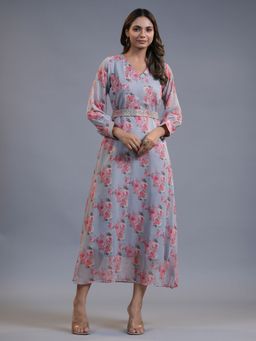 Yufta - Women Blue Floral Flare Maxi Dress with Belt