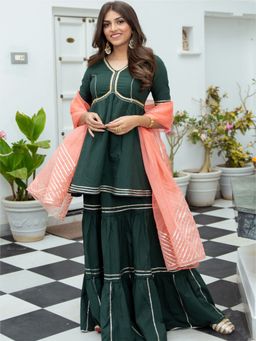 Lavanya The Label - Green Cotton Peplum And Sharara (Set of 3)