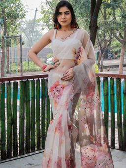 Odette - White Organza Floral Printed Saree with Unstitched Blouse