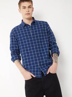 max - Navy Blue Men Checked Regular Fit Shirt
