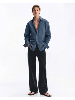 SILISOUL - Navy Blue Men Linen Blend Premium Shirt
