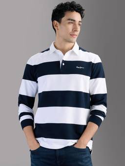 Pepe Jeans - Wardrobe Essential Men Blue Striped Long Sleeves Polo T-Shirt