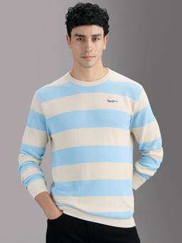 Pepe Jeans - Smart Essential Men Blue Striped Crew Neck Long Sleeves T-Shirt