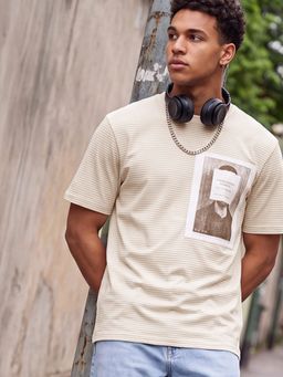 max - Beige Men Striped T-Shirt
