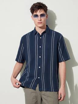max - Navy Blue Men Striped Shirt