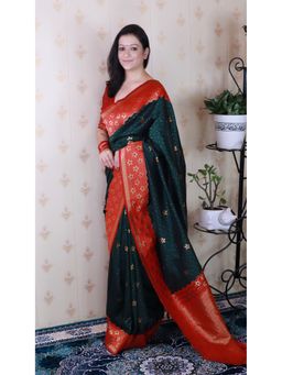 ELITE WEAVES - Green Soft Silk Banarasi Wavy Unique Zari Woven Saree With Unstitched Blouse