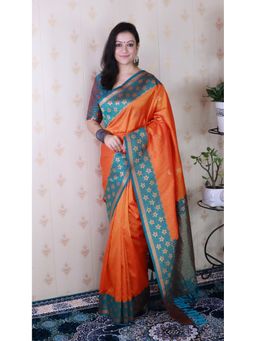 ELITE WEAVES - Orange Soft Silk Banarasi Wavy Unique Zari Woven Saree With Unstitched Blouse