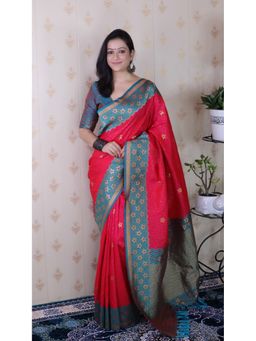 ELITE WEAVES - Pink Soft Silk Banarasi Wavy Unique Zari Woven Saree With Unstitched Blouse