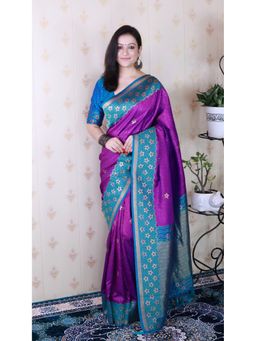 ELITE WEAVES - Purple Soft Silk Banarasi Wavy Unique Zari Woven Saree With Unstitched Blouse