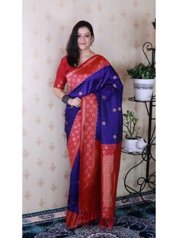 ELITE WEAVES - Blue Soft Silk Banarasi Wavy Unique Zari Woven Saree With Unstitched Blouse