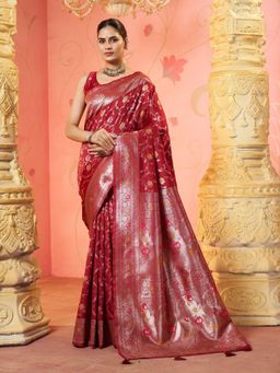 Garden VARELI - Red Floral Woven Saree With Unstitched Blouse