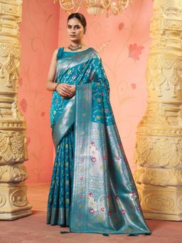 Garden VARELI - Teal Floral Woven Saree With Unstitched Blouse