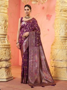 Garden VARELI - Wine Floral Woven Saree With Unstitched Blouse