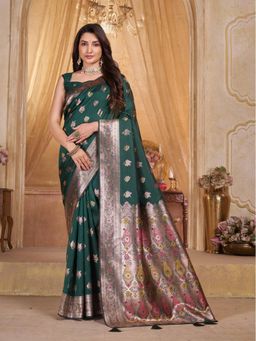 Garden VARELI - Green Floral Woven Saree With Unstitched Blouse
