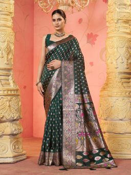 Garden VARELI - Green Floral Woven Saree Without Blouse