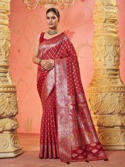 Garden VARELI - Red Woven Zari Saree With Unstitched Blouse