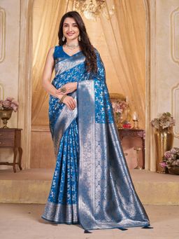 Garden VARELI - Blue Floral Woven Saree Without Blouse
