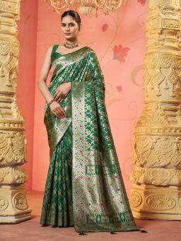 Garden VARELI - Green Floral Woven Saree With Unstitched Blouse