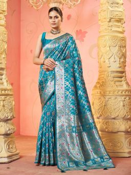 Garden VARELI - Turquoise Floral Woven Saree With Unstitched Blouse