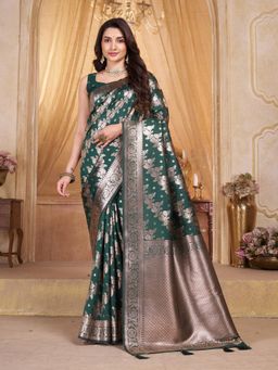 Garden VARELI - Green Floral Woven Saree With Unstitched Blouse