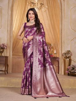 Garden VARELI - Wine Woven Zari Saree With Unstitched Blouse