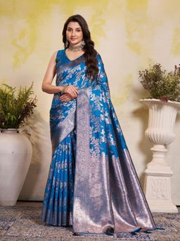 Garden VARELI - Blue Floral Woven Saree With Unstitched Blouse