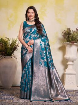 Garden VARELI - Teal Embellished Art Silk Saree With Unstitched Blouse