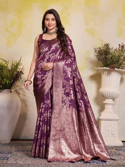 Garden VARELI - Wine Floral Printed Art Silk Saree With Unstitched Blouse
