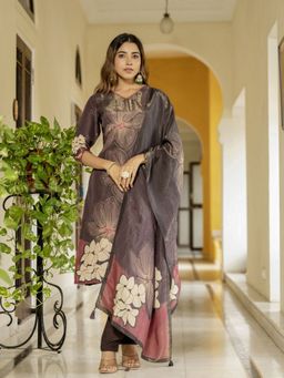 Odette - Brown Floral Embellished Sequined Kurta With Pant And Dupatta
